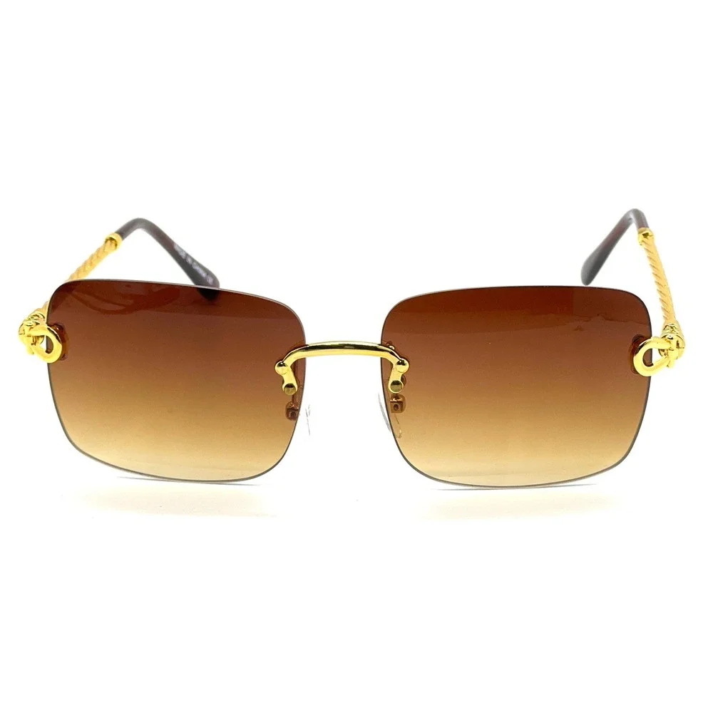 Mens Square Sunglasses Gold Twisted Metal Frame Brown‎ Gradient  Classy Shades